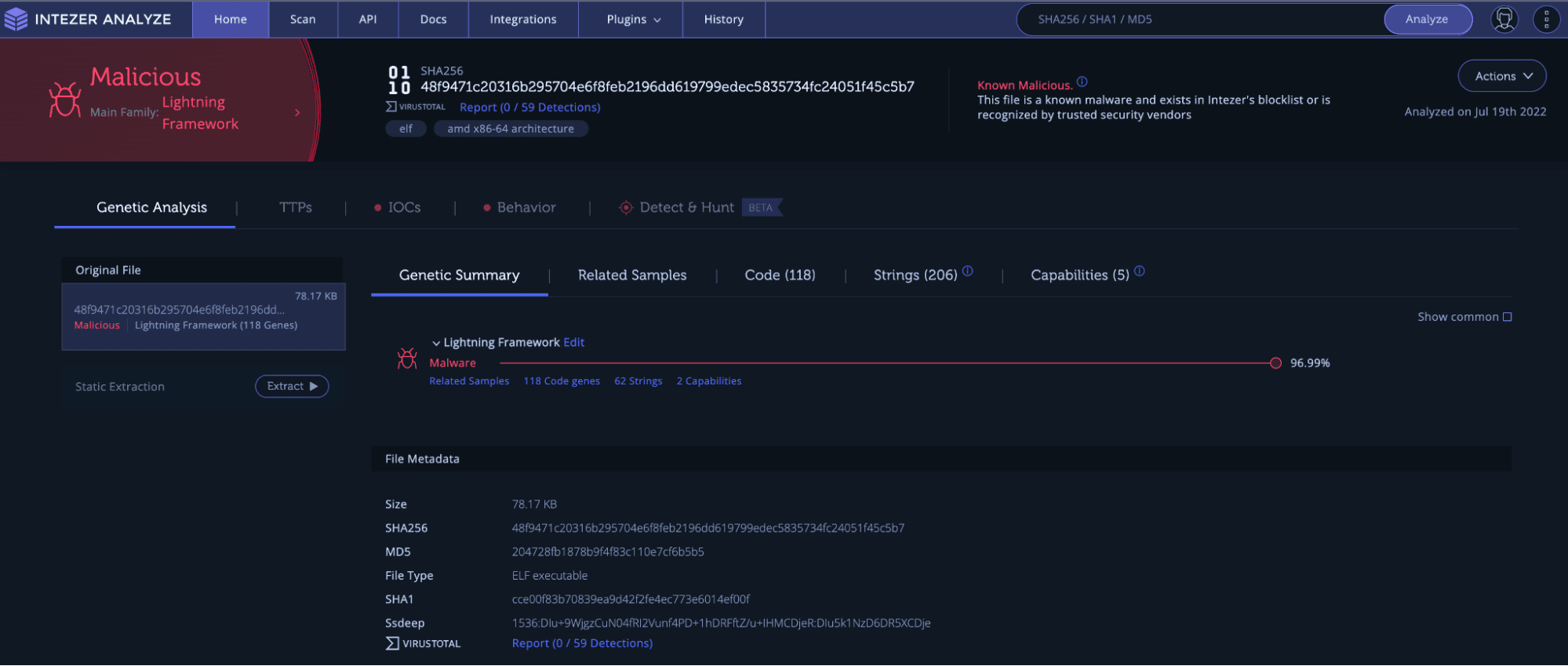 Lightning framework downloader result in Intezer Analyze