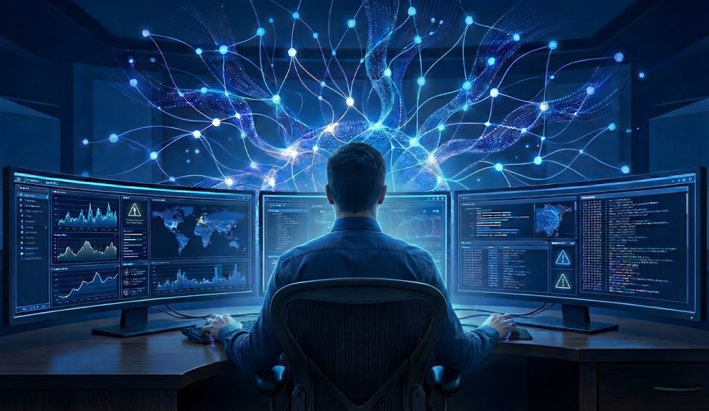 Image of human SOC analysts in his element but connected to AI system.