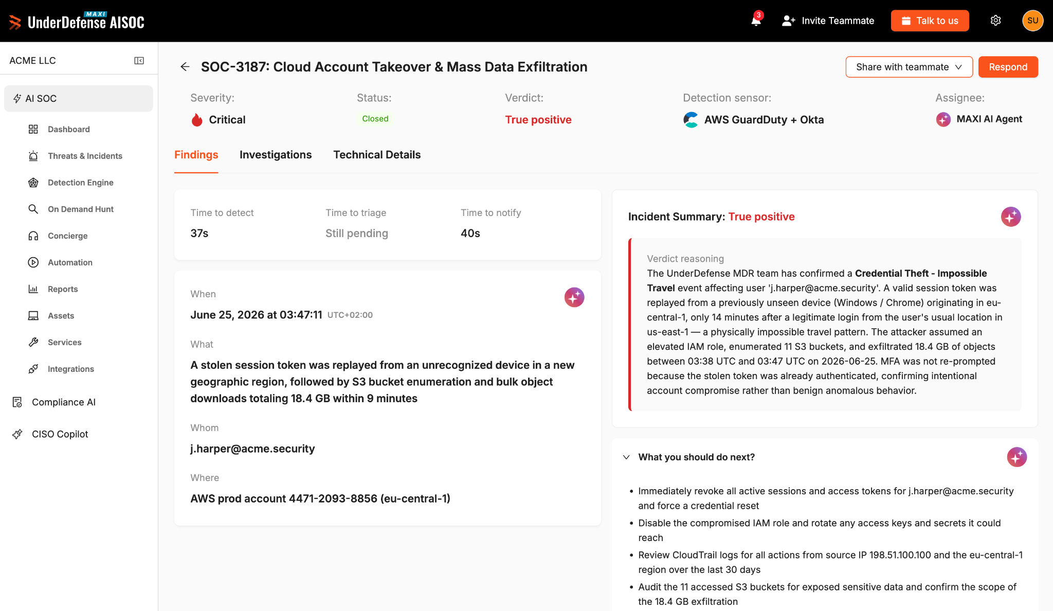 underdefense ai soc dashboard